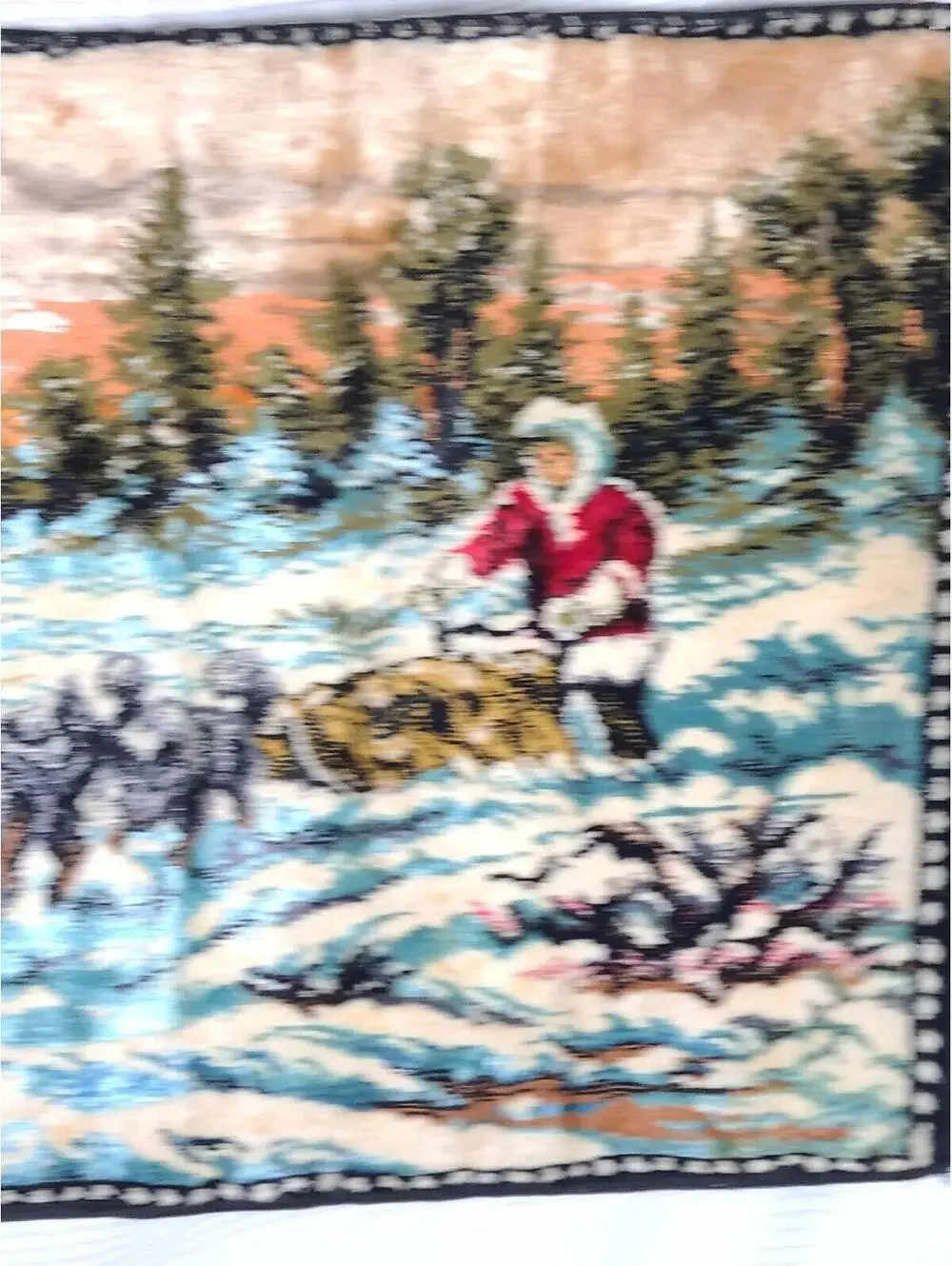 Vtg Velvet Tapestry Cotton Wall Art 41x20” Winter Sleigh Dogs Scene Retro